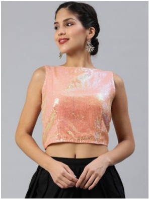 Peach Coloured Silk Blend Sequinned Crop Top